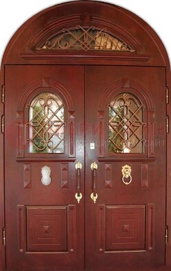 Стальная арочная дверь со стеклом и ковкой ДА-30 в дом из кирпича в Ростове-На-Дону