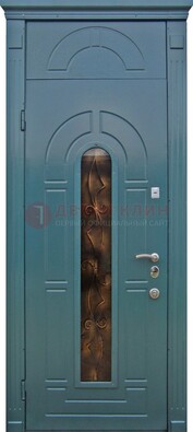 Синяя входная дверь Винорит стекло и ковка с фрамугой ДФГ-32 в Ростове-На-Дону