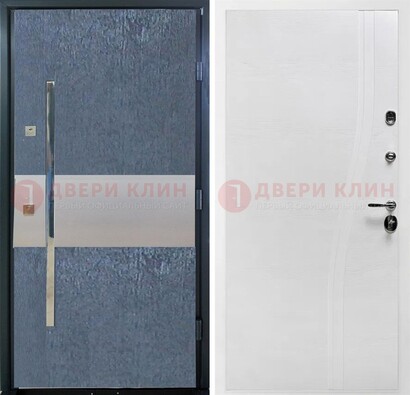 Синяя входная дверь МДФ с серебряной вставкой ДМ-330 в Ростове-На-Дону