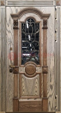 Железная дверь с массивом дуба со стеклом и ковкой ДМД-47 в Ростове-На-Дону