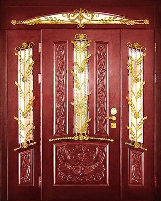 Бордовая железная парадная дверь со стеклом и ковкой ДПР-75 в Ростове-На-Дону