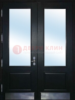 Черная двухстворчатая металлическая дверь со стеклом ДС-25 в Ростове-На-Дону