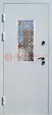Серая металлическая дверь со стеклом и ковкой ДС-75 в Ростове-На-Дону