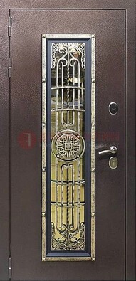 Железная дверь цвета медный антик со стеклом и ковкой ДСК-105 в Серпухове