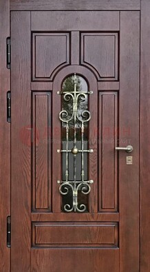 Cтальная дверь со стеклом и ковкой в коричневом цвете ДСК-119 в Ростове-На-Дону