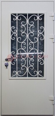 Простая железная дверь со стеклом и ковкой ДСК-11 в Ростове-На-Дону