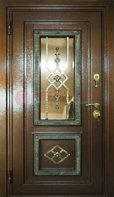Теплая входная дверь со стеклом и ковкой разноцветной ДСК-13 в Ростове-На-Дону