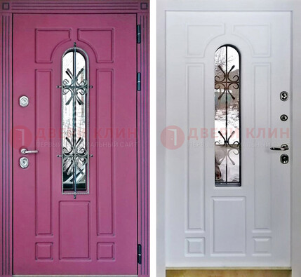 Розовая металлическая дверь со стеклом и ковкой ДСК-151 в Ростове-На-Дону
