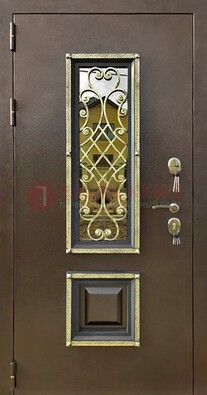 Входная дверь порошок со стеклом и ковкой для коттеджа ДСК-166 в Ростове-На-Дону