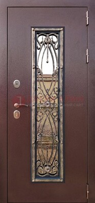Коричневая стальная дверь порошок со стеклом и ковкой для дома ДСК-169 в Ногинске