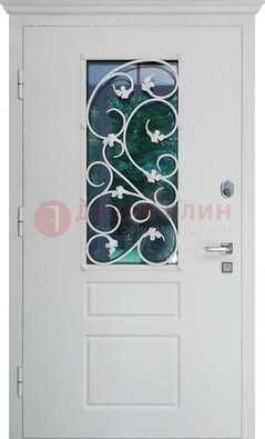 Белая металлическая дверь винорит со стеклом и ковкой ДСК-184 в Санкт-Петербурге