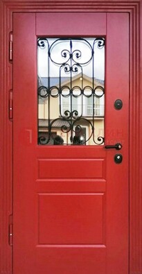 Красная железная дверь Винорит со стеклом и ковкой ДСК-205 в Ростове-На-Дону