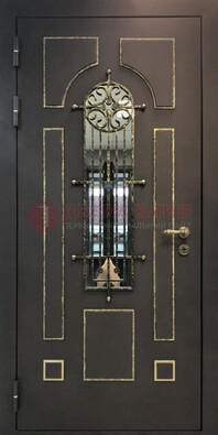 Темная входная дверь Винорит со стеклом и ковкой ДСК-211 в Ростове-На-Дону