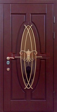 Бордовая стальная дверь Винорит со стеклом и ковкой ДСК-263 в Ростове-На-Дону