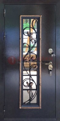 Железная дверь с порошковым напылением стеклом и ковкой ДСК-279 в Ростове-На-Дону