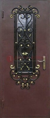 Простая металлическая дверь с Порошком стеклом и ковкой ДСК-281 в Ростове-На-Дону
