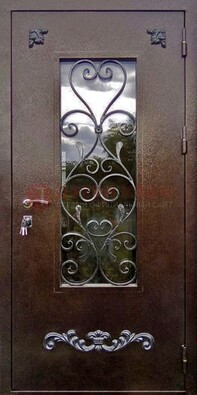 Коричневая железная дверь Порошок со стеклом и ковкой ДСК-283 в Ростове-На-Дону