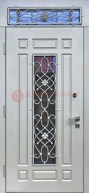 Белая железная дверь с виноритом и фрамугой ДВТ-12 в Ростове-На-Дону