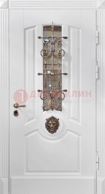 Белая металлическая дверь с виноритом и стеклом с ковкой ДВТ-165 в Ростове-На-Дону