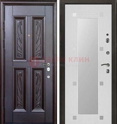 Коричневая стальная дверь с зеркалом МДФ внутри ДЗ-44 в Краснознаменске