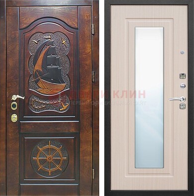 Темная дверь с резьбой и зеркалом внутри ДЗ-49 в Ростове-На-Дону