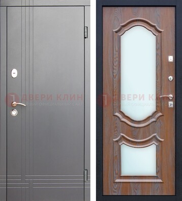 Серая входная дверь со светлой МДФ и зеркалами внутри ДЗ-77 в Ростове-На-Дону