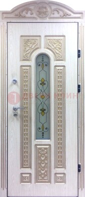 Белая железная дверь с МДФ и витражом ВЖ-26 в Ростове-На-Дону