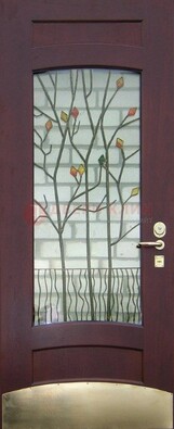 Бордовая стальная дверь с витражом и декоративным элементом ВЖ-3 в Ростове-На-Дону